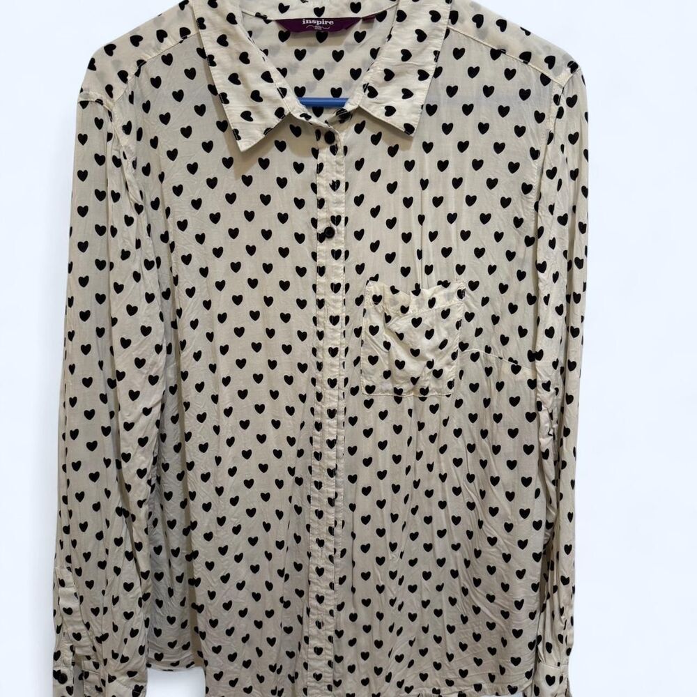 Asos Women's Unique White & Black Heart Print Long Sleeved Work Blouse